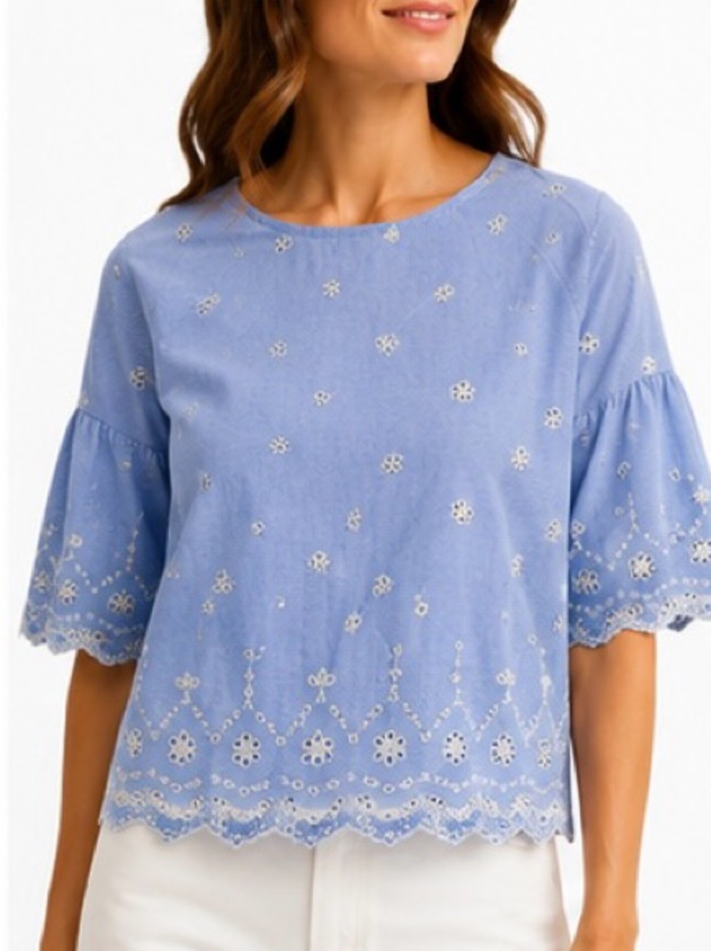 Sanctuary Embroidered Eyelet Stripe Top Medium Blue White Cotton Cottagecore